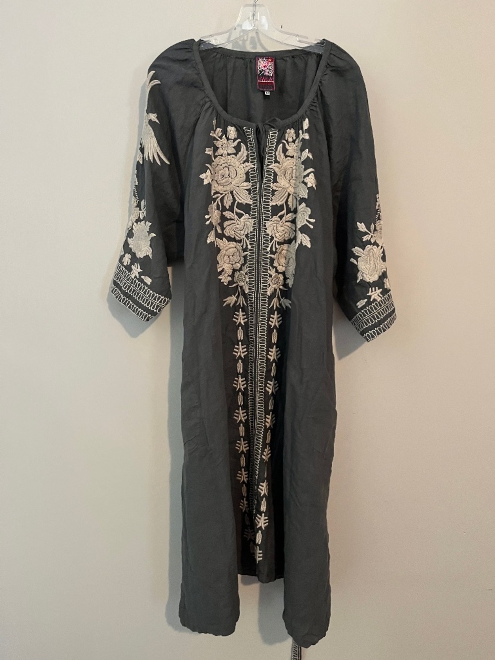 Johnny Was (JWLA) Embroidered Linen Caftan with Self-belt 3X